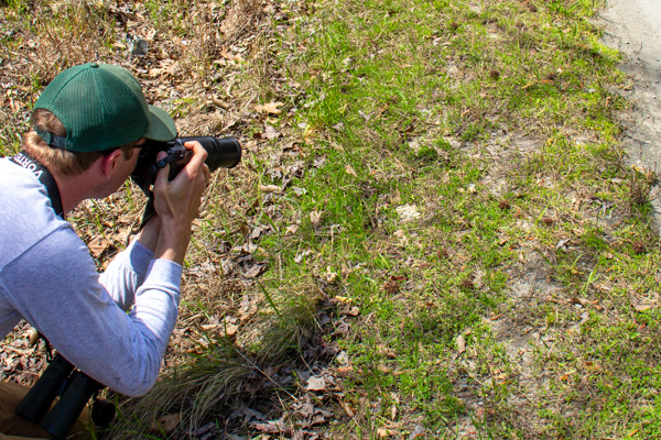 戴著綠帽的人與相機拍攝照片的路邊有稀疏草的照片。