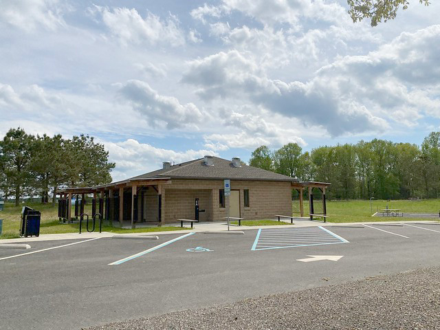 Bathhouse at Machicomoco State Park's campground. A short walk from the yurts.