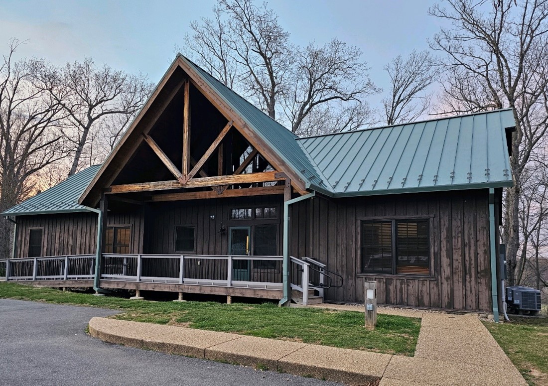 “Typical” lodge and six-bedroom floor plan used with most Virginia State Park lodges; this one is at Shenandoah River State Park.
